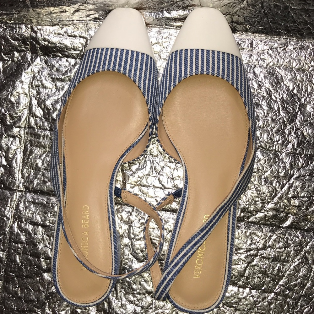 Striped Blue and White Pointed Slingback Flats - Veronica Beard